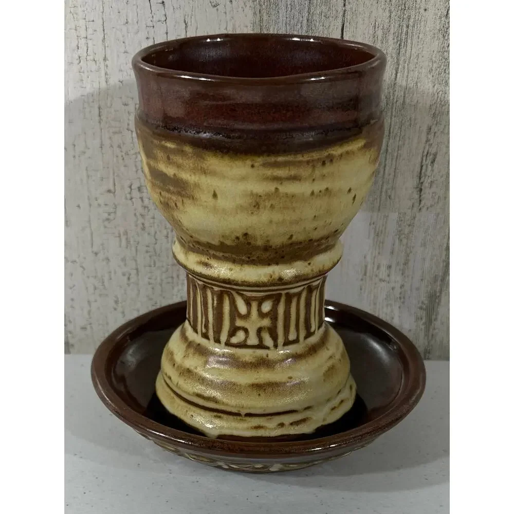 Studio Pottery Art Handmade 2 pc Candle Holder Tray Brown Signed Tom Hughes